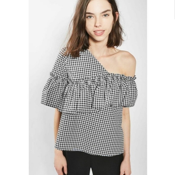Topshop gingham ruffle one shoulder top - Picture 1 of 8